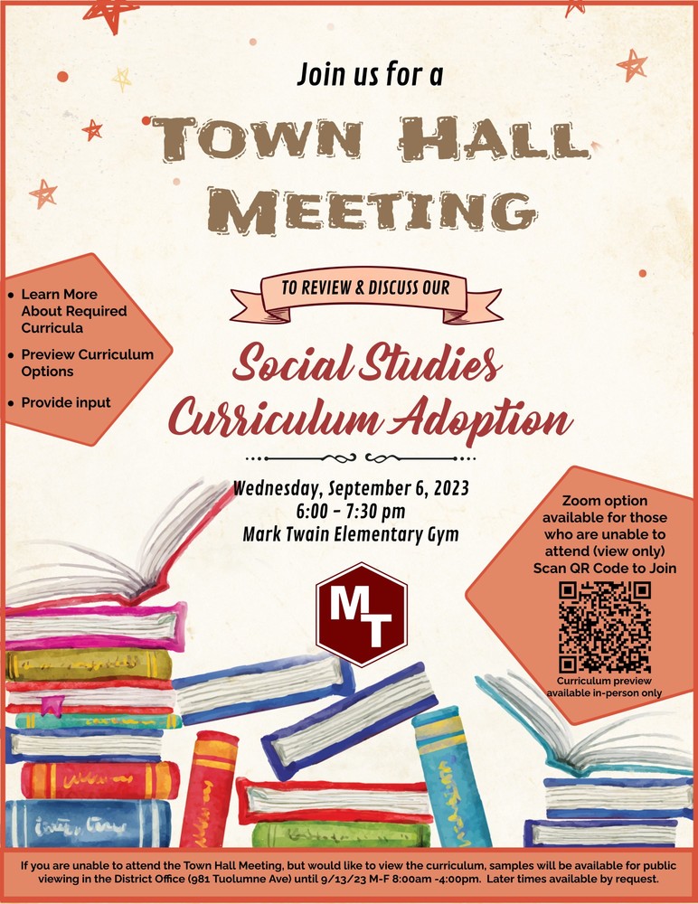 Town Hall Meeting Re: Social Studies Curriculum Adoption 9/6 @ @ MT Gym from 6:00-7:30 p.m.
